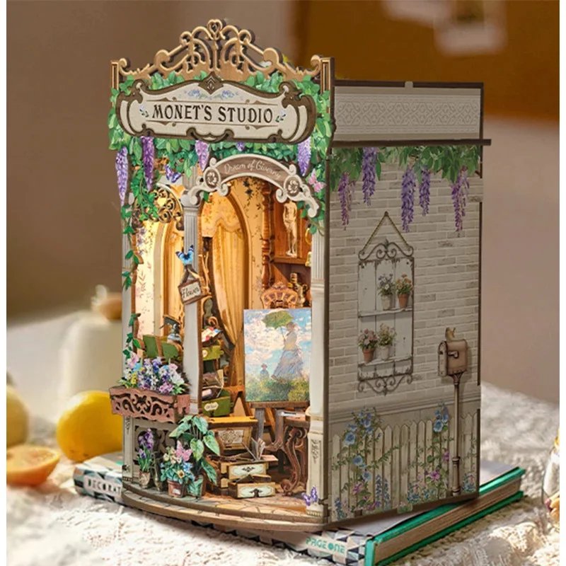 Diy Wooden Book Nook Kit Shelf Insert - Hölzernes Monet-Studio-Bücherregal-Einsatz DIY-Modellbausatz mit Licht und