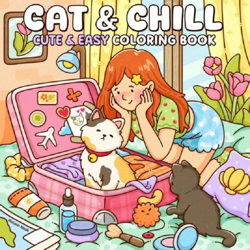 Katze und Mädchen, süßes, einf – Adult Coloring Book Stress Relief Bewertung und Preis